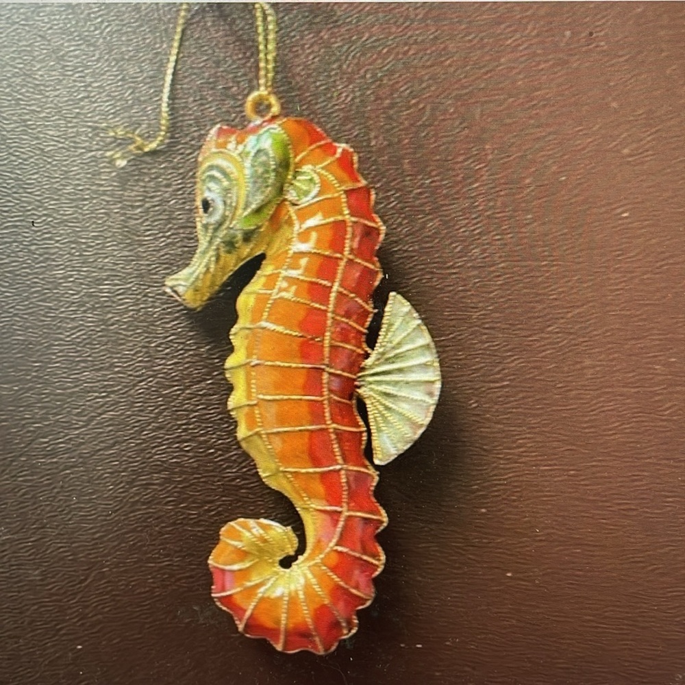 Pottery Barn Cloisonne SEAHORSE orange Ornament 4"